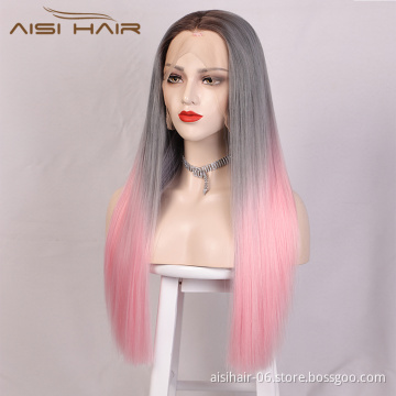 Aisi Hair Wholesale Long Silky Straight Ombre Pink Dark Root Lace Wig Middle Part Synthetic Hair Lace Frontal Wigs For Women